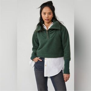 Free People Poppy Pullover sweatshirt *NWT* Green fleece quarter zip collar S